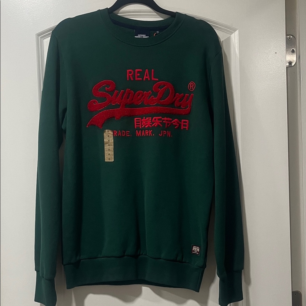 Superdry Men's Crewneck Sweater in Green with Red Logo